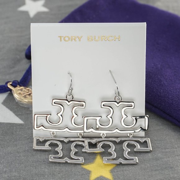NEW Tory Burch Britten Hinged Dangle Statement Earrings in Silver Polished - Picture 2 of 5